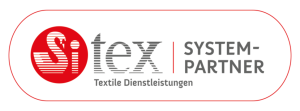 Logo der Sitex Systempartner - das Sitex ist längsschraffiert, dabei das Si weiß in einem roten Kreis, das S stellt einen Schwan dar.