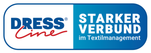 Logo der DRESSLine - das DRESS ist blau in Groß- und Druckbuchstaben über dem roten line in Kleinbuchstaben und geschwungener handgeschriebener Schreibschrift.